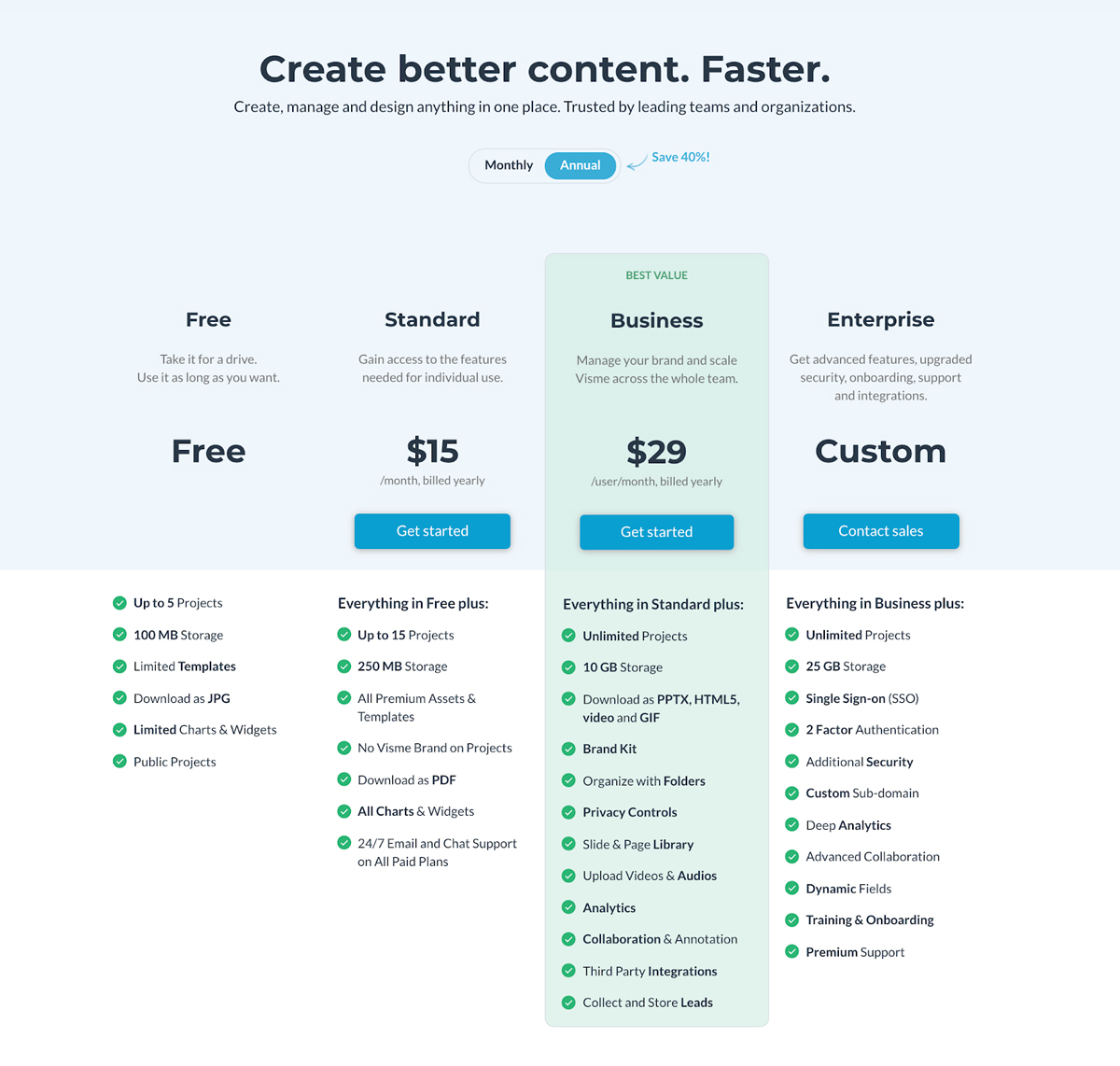 A screenshot of Visme's pricing page.